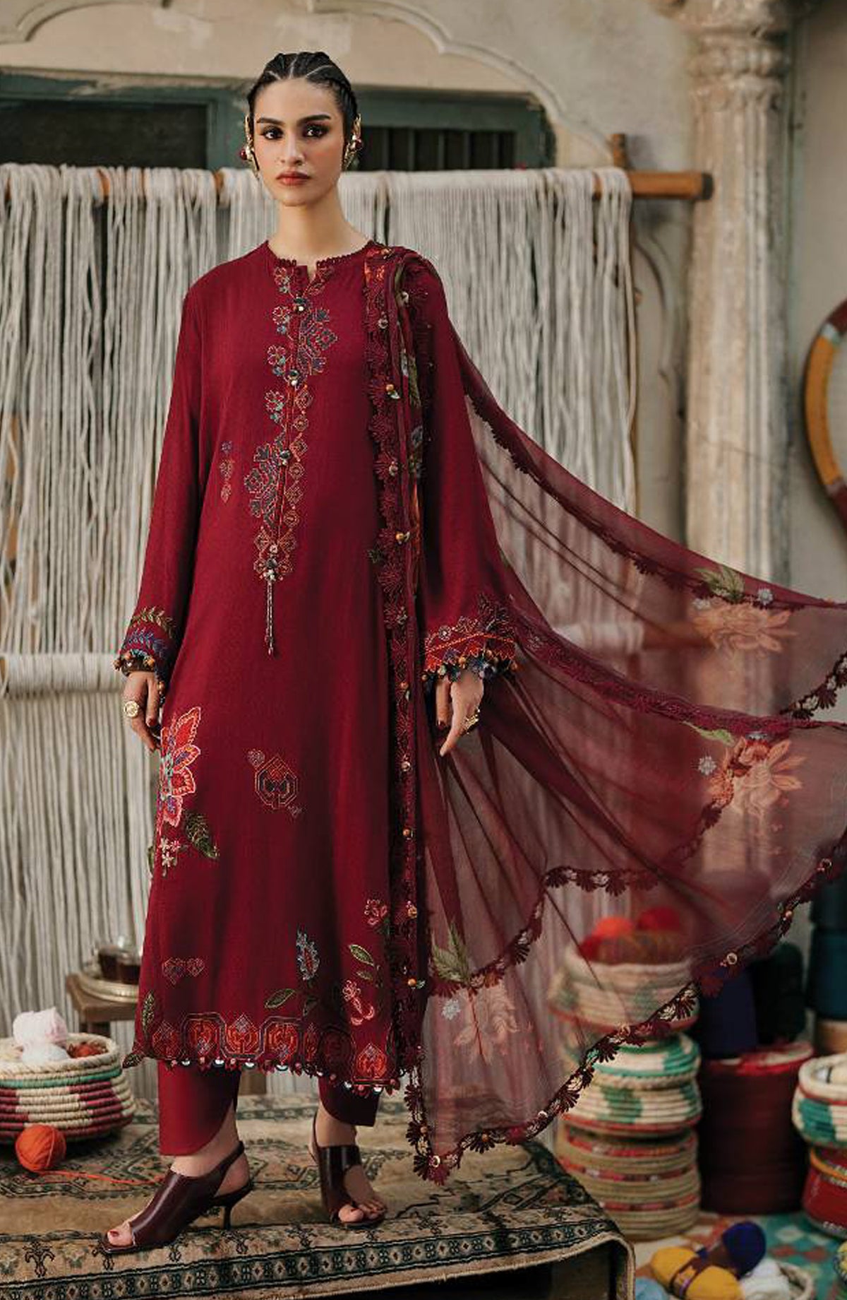 Maria B Embroidered Linen Unstitched 3 Piece Suit - D-10A - MB26SD - Red - Winter Collection