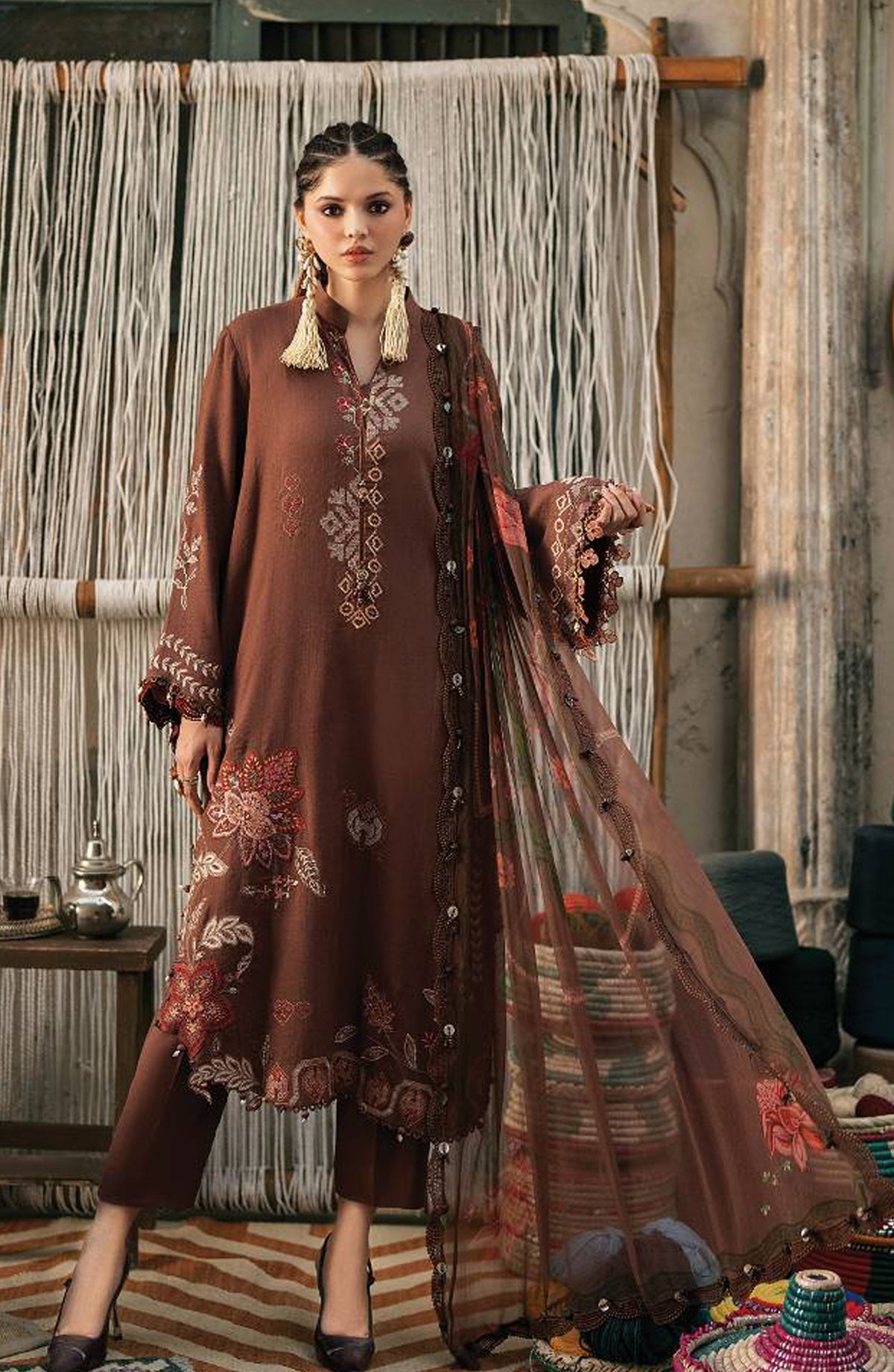 Maria B Embroidered Linen Unstitched 3 Piece Suit - D-10B - MB26SD - Brown - Winter Collection