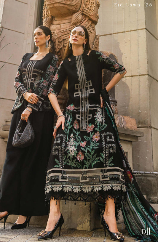 Maria B Luxury Embroidered Lawn Unstitched 3 Piece Suit - D11 - MB26ED - Black - Summer Festive Collection