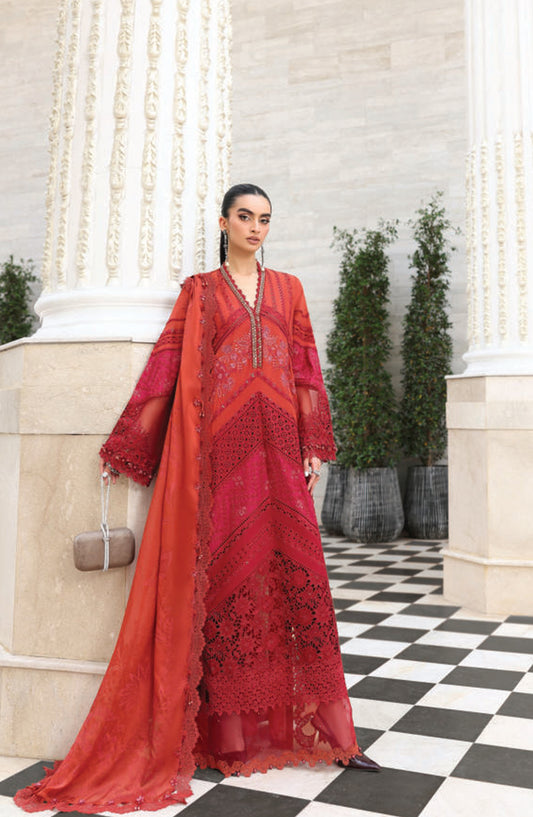 Maria B Luxury Embroidered Lawn Unstitched 3 Piece Suit - D13 - MB26ED - Red - Summer Festive Collection