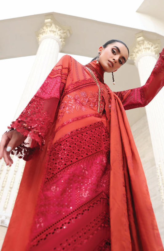 Maria B Luxury Embroidered Lawn Unstitched 3 Piece Suit - D13 - MB26ED - Red - Summer Festive Collection