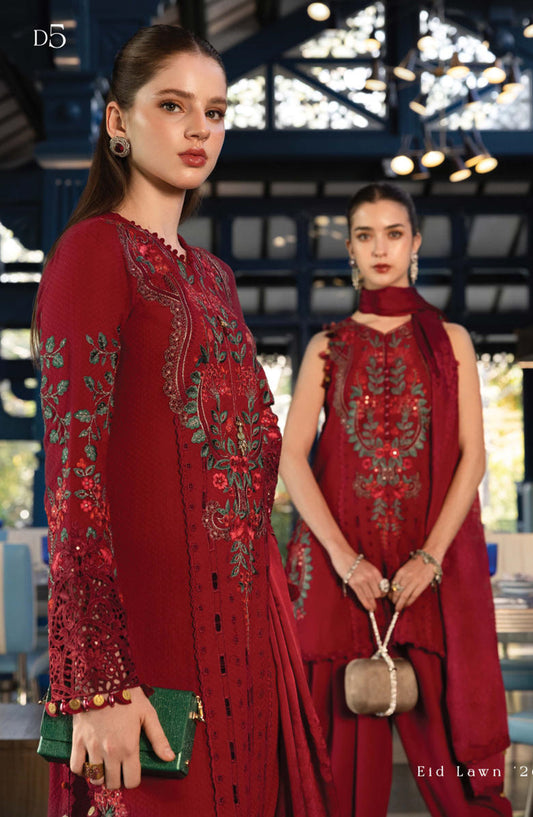 Maria B Luxury Embroidered Lawn Unstitched 3 Piece Suit - D5 - MB26ED - Red - Summer Festive Collection