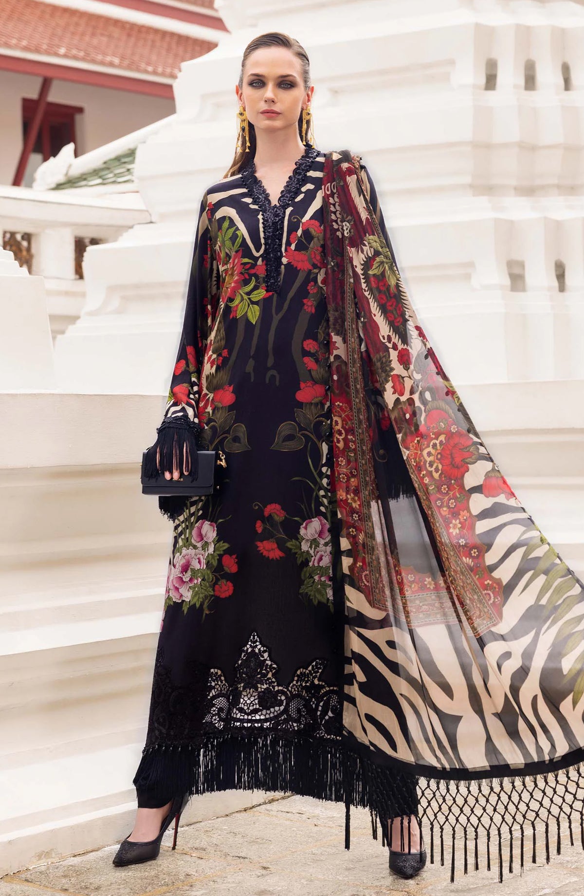 Maria B M.Prints Embroidered Linen Unstitched 3 Piece Suit - D-10B - MB25PNW - Black - Winter Collection