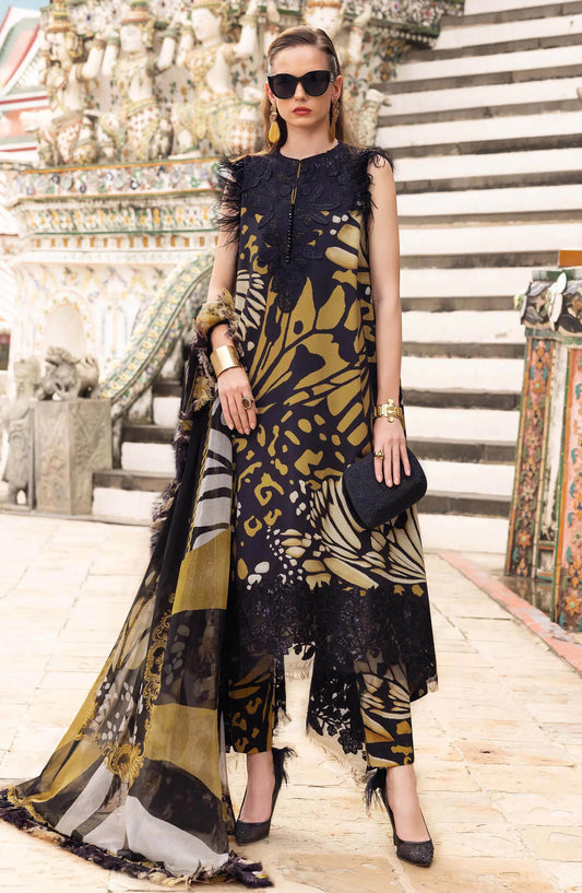 Maria B M.Prints Embroidered Linen Unstitched 3 Piece Suit - D-9B - MB25PNW - Black - Winter Collection