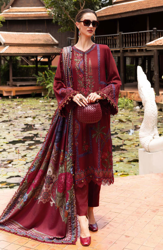 Maria B M.Prints Embroidered Twill Linen Unstitched 3 Piece Suit - D-7A - MB25PNW - Red - Winter Collection