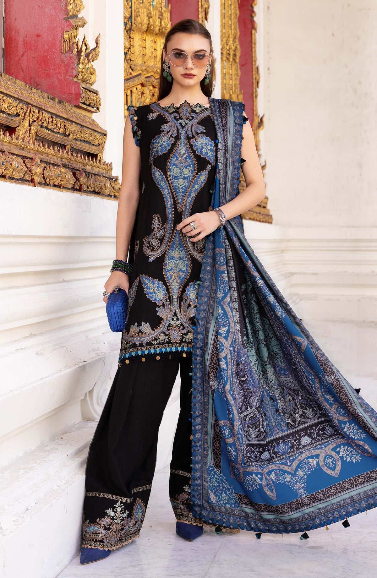 Maria B M.Prints Embroidered Twill Linen Unstitched 3 Piece Suit - D-6B - MB25PNW - Black - Winter Collection