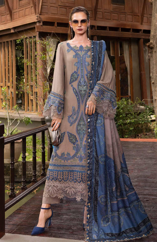 Maria B M.Prints Embroidered Twill Linen Unstitched 3 Piece Suit - D-6A - MB25PNW - Beige - Winter Collection