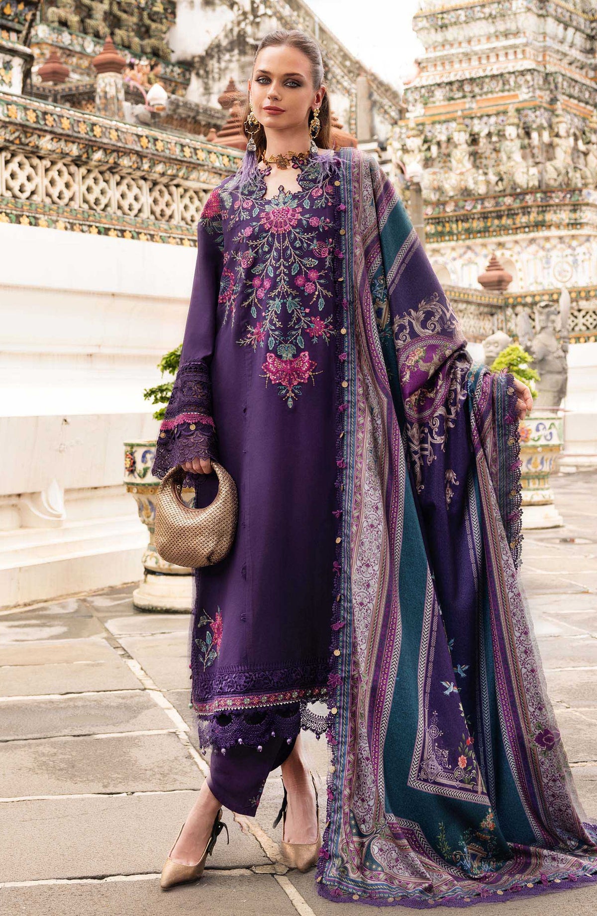 Maria B M.Prints Embroidered Twill Linen Unstitched 3 Piece Suit - D-5B - MB25PNW - Purple - Winter Collection