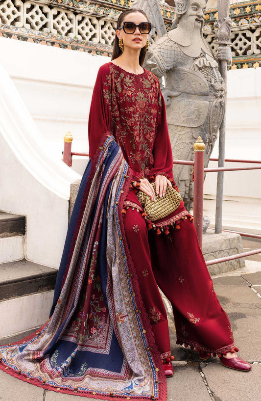 Maria B M.Prints Embroidered Twill Linen Unstitched 3 Piece Suit - D-5A - MB25PNW - Maroon - Winter Collection