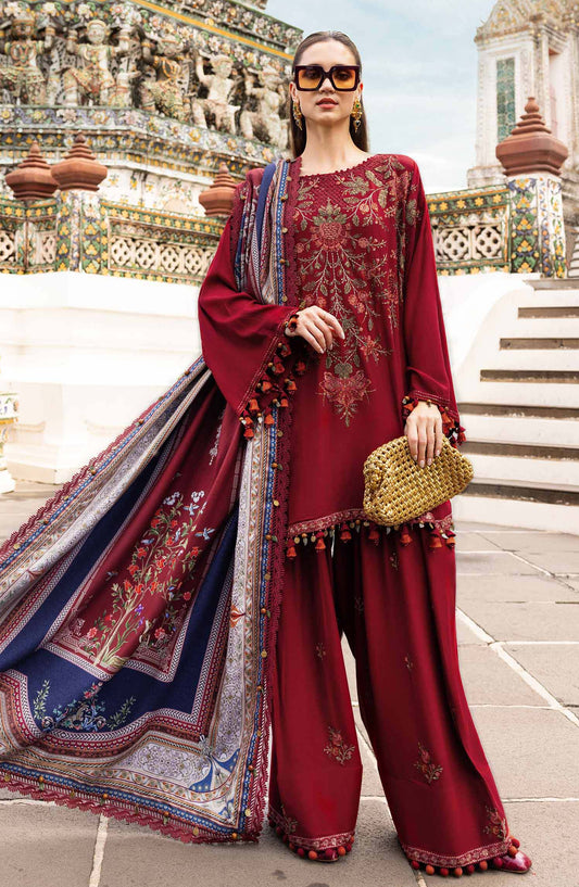 Maria B M.Prints Embroidered Twill Linen Unstitched 3 Piece Suit - D-5A - MB25PNW - Maroon - Winter Collection