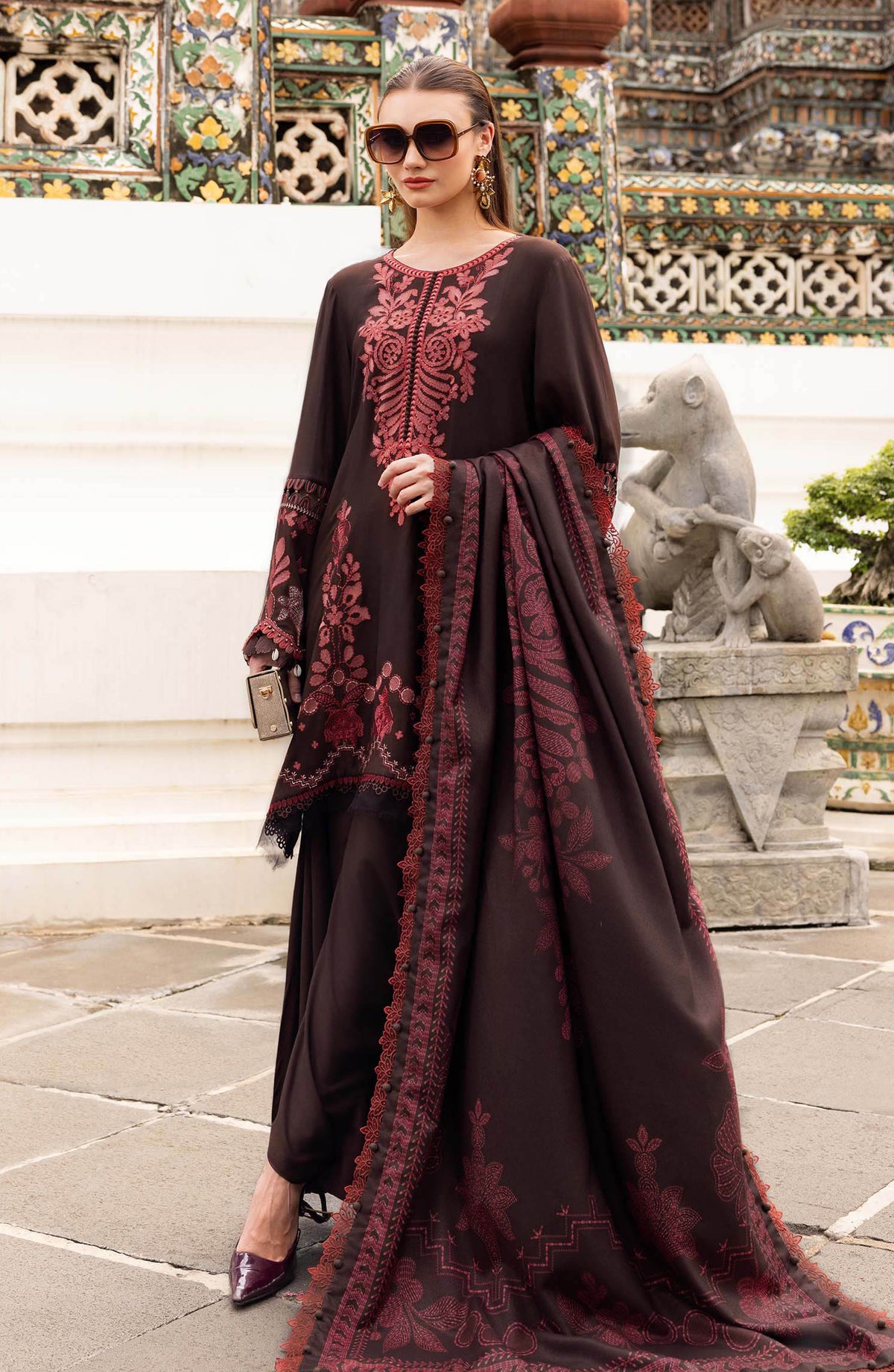 Maria B M.Prints Embroidered Twill Linen Unstitched 3 Piece Suit - D-4A - MB25PNW - Brown - Winter Collection