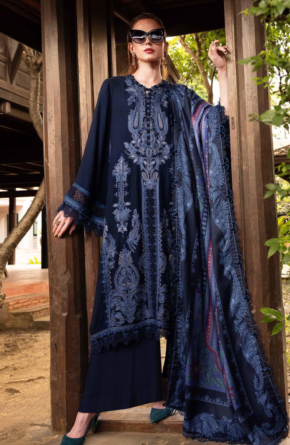 Maria B M.Prints Embroidered Twill Linen Unstitched 3 Piece Suit - D-3B - MB25PNW - Blue - Winter Collection