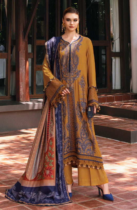 Maria B M.Prints Embroidered Twill Linen Unstitched 3 Piece Suit - D-3A - MB25PNW - Mustard - Winter Collection