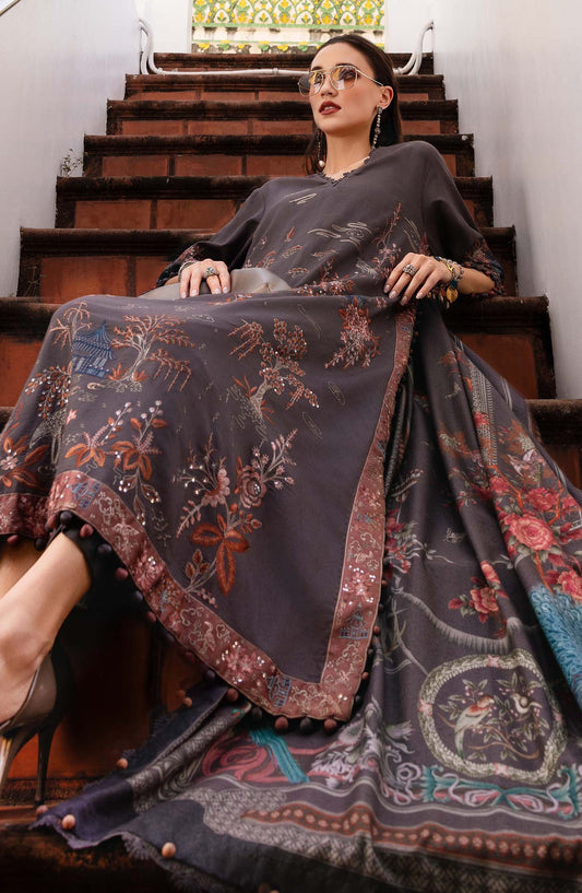 Maria B M.Prints Embroidered Twill Linen Unstitched 3 Piece Suit - D-1B - MB25PNW - Grey - Winter Collection