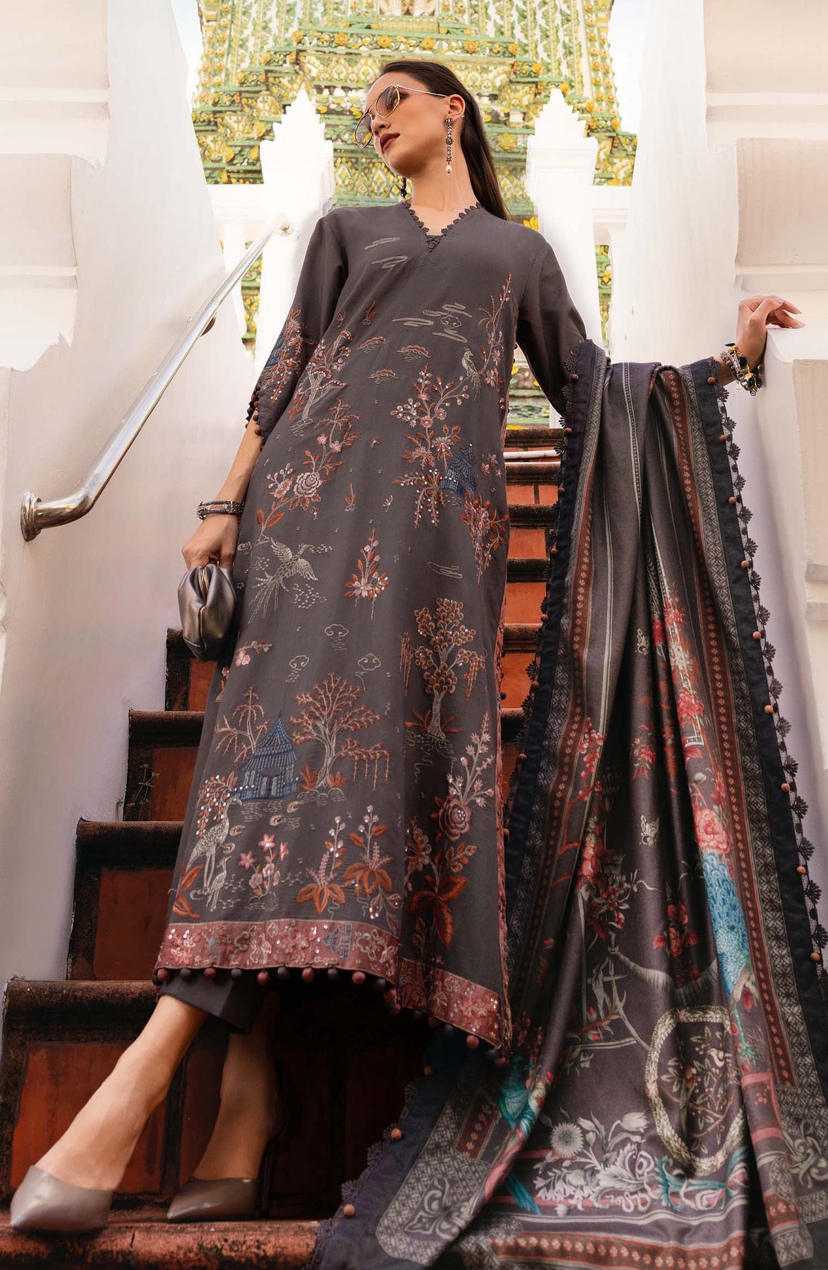 Maria B M.Prints Embroidered Twill Linen Unstitched 3 Piece Suit - D-1B - MB25PNW - Grey - Winter Collection