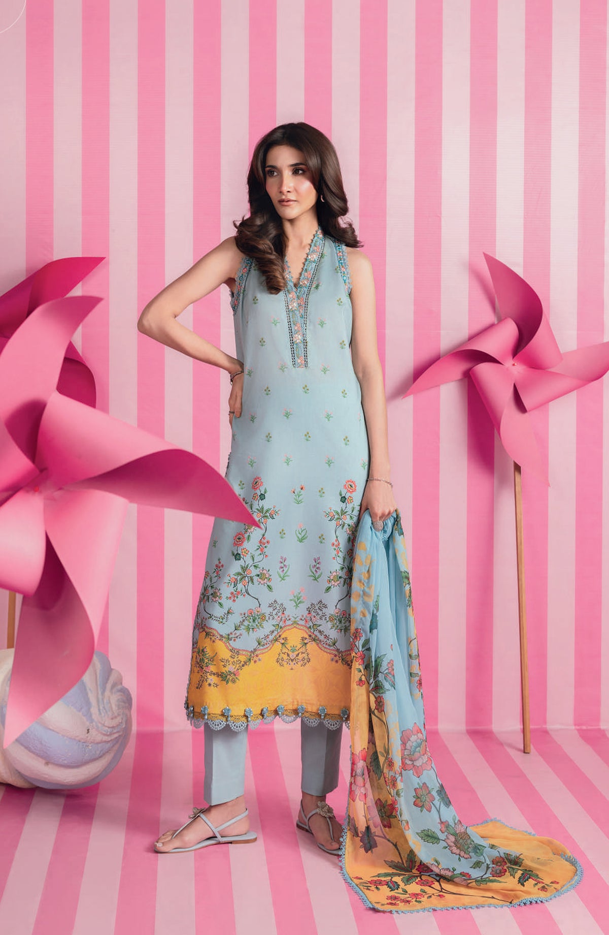 Maria B MBasics Embroidered Lawn Unstitched 3 Piece Suit - MB-CUSV13-01-B - MAB26BS - Blue - Spring Summer Collection