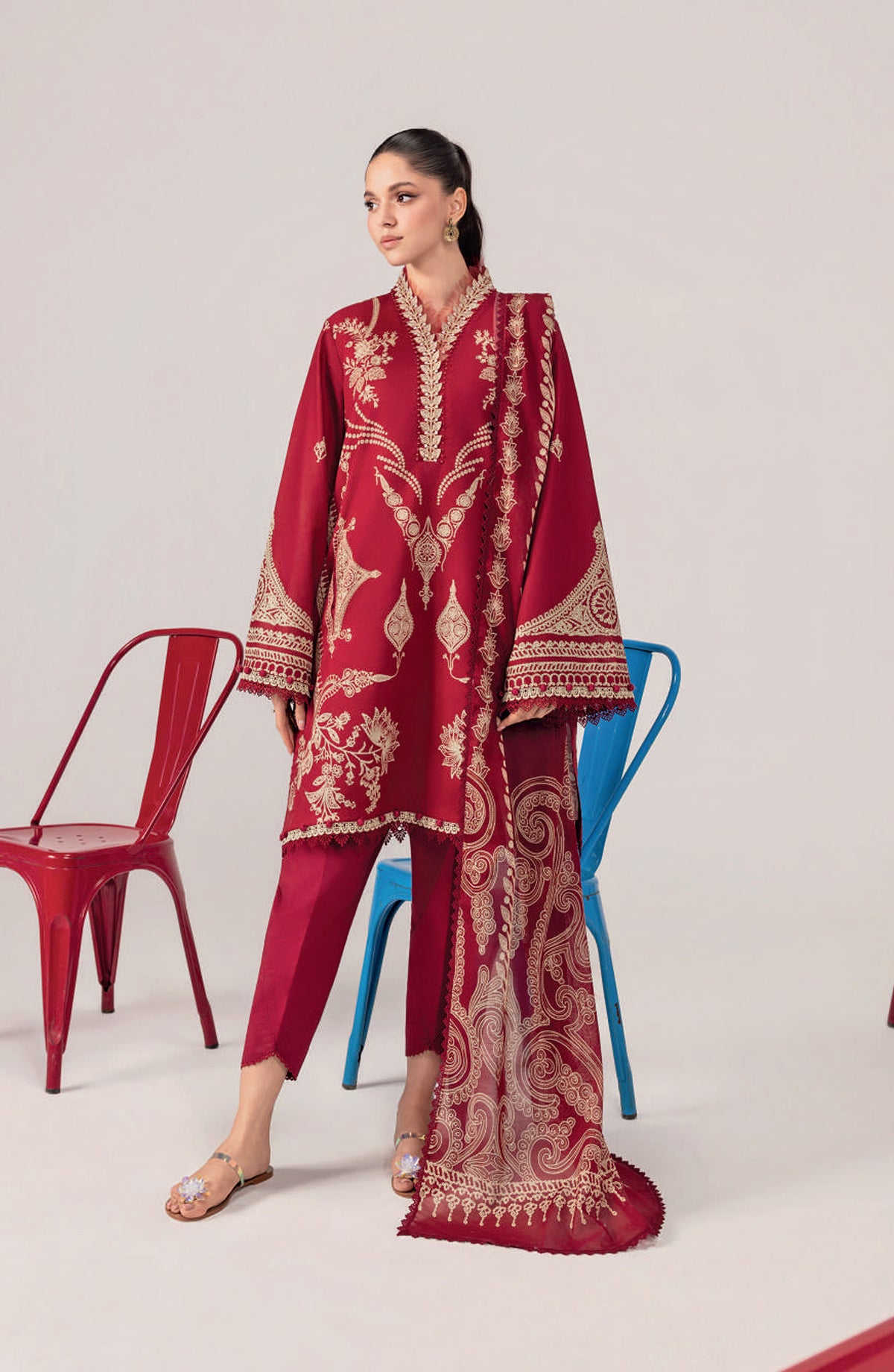 Maria B MBasics Embroidered Lawn Unstitched 3 Piece Suit - MB-CUSV13-03-A - MAB26BS - Red - Spring Summer Collection