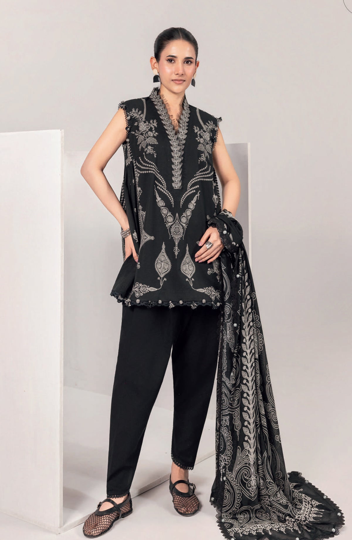 Maria B MBasics Embroidered Lawn Unstitched 3 Piece Suit - MB-CUSV13-03-B - MAB26BS - Black - Spring Summer Collection
