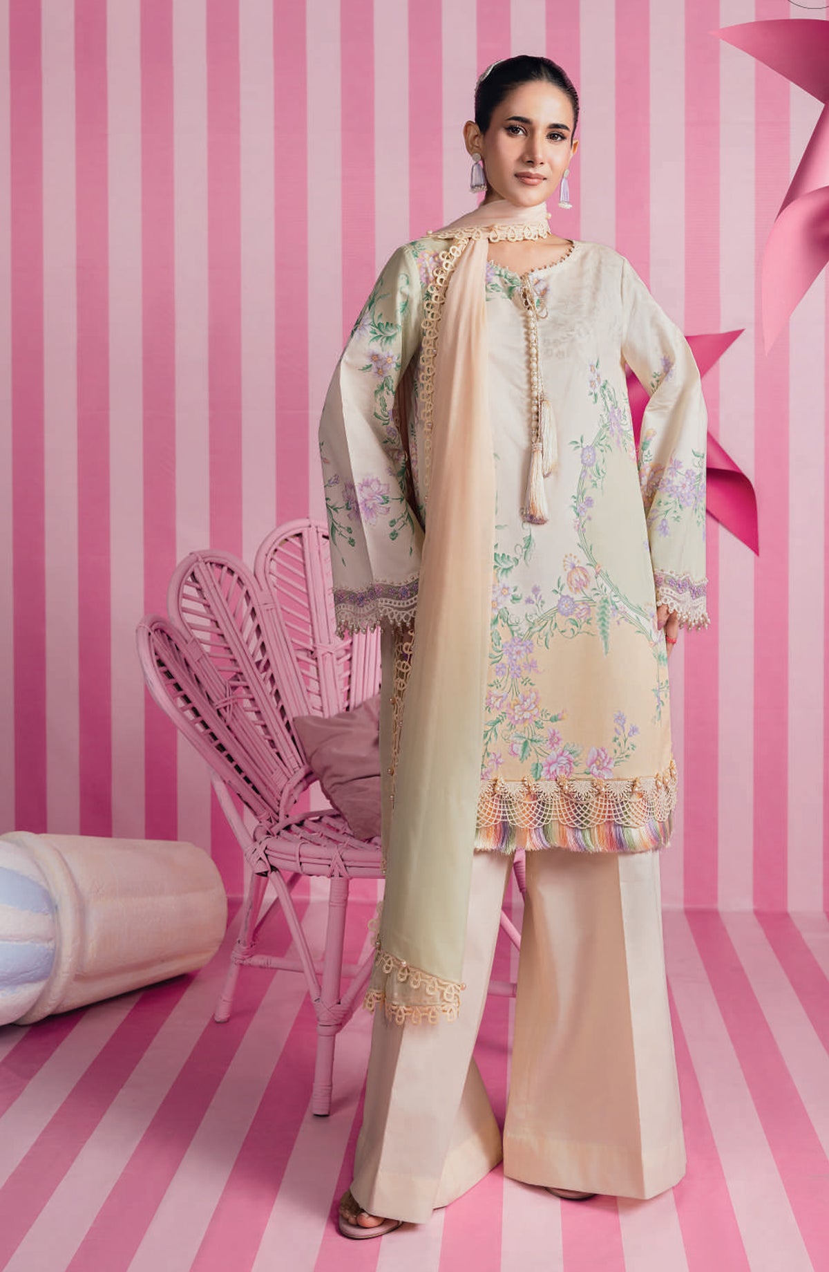 Maria B MBasics Embroidered Lawn Unstitched 3 Piece Suit - MB-CUSV13-07-A - MAB26BS - Cream - Spring Summer Collection