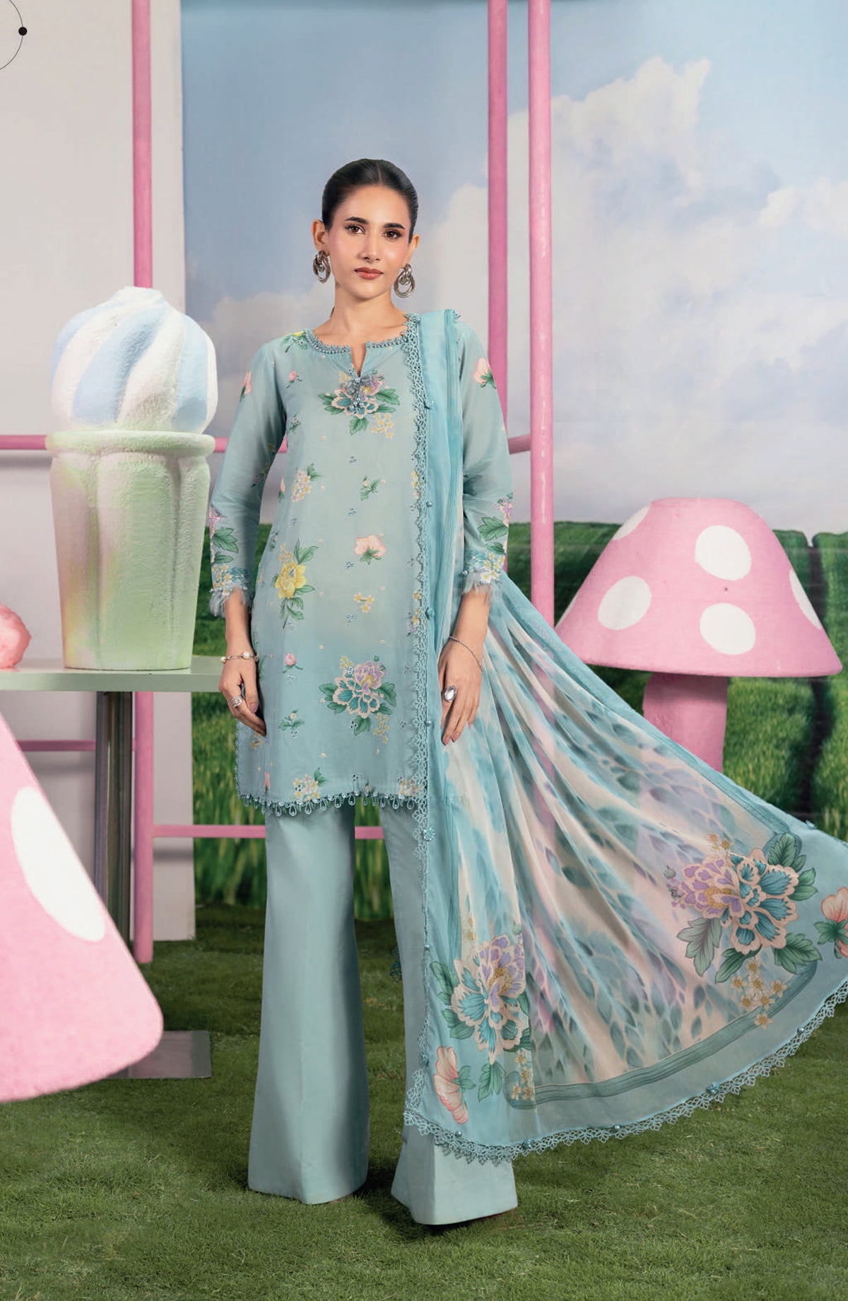 Maria B MBasics Embroidered Lawn Unstitched 3 Piece Suit - MB-CUSV13-08-B - MAB26BS - Blue - Spring Summer Collection