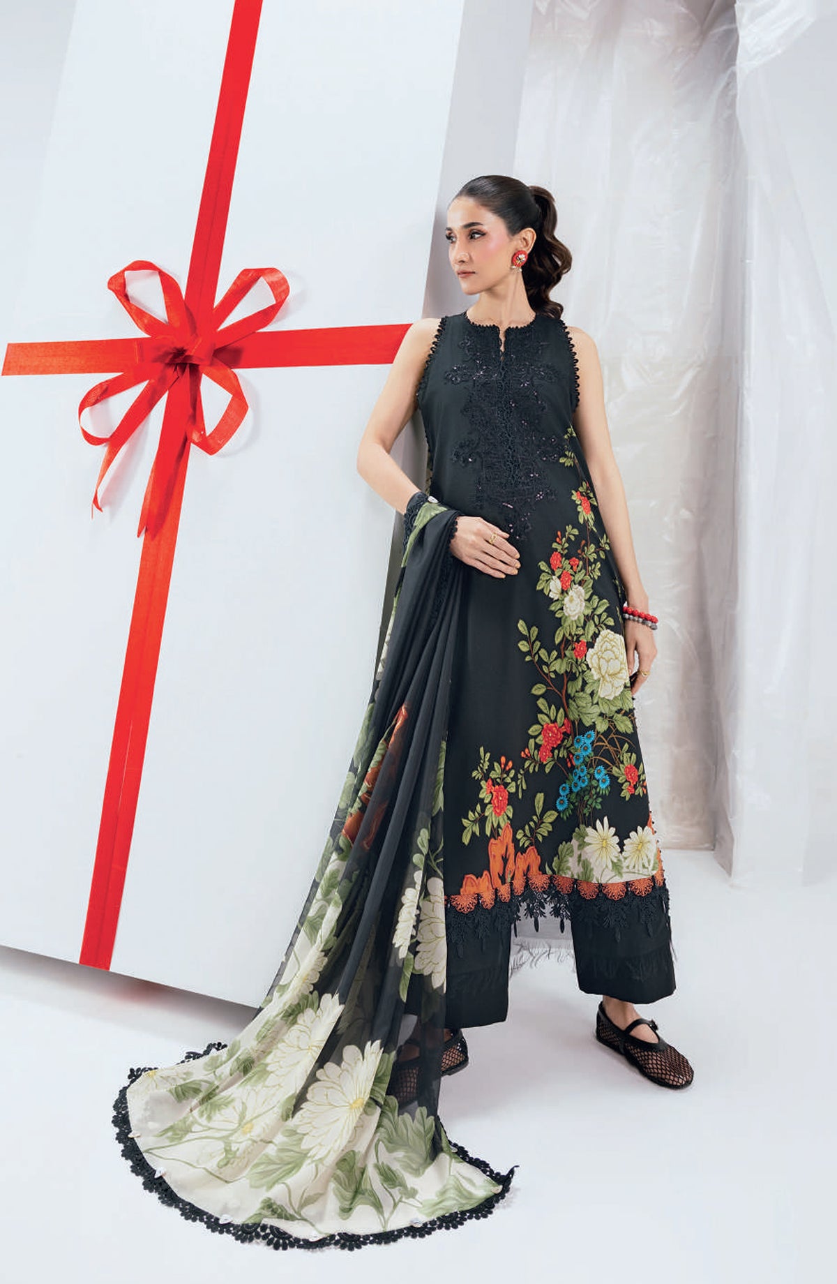 Maria B MBasics Embroidered Lawn Unstitched 3 Piece Suit - MB-CUSV13-12-B - MAB26BS - Black - Spring Summer Collection