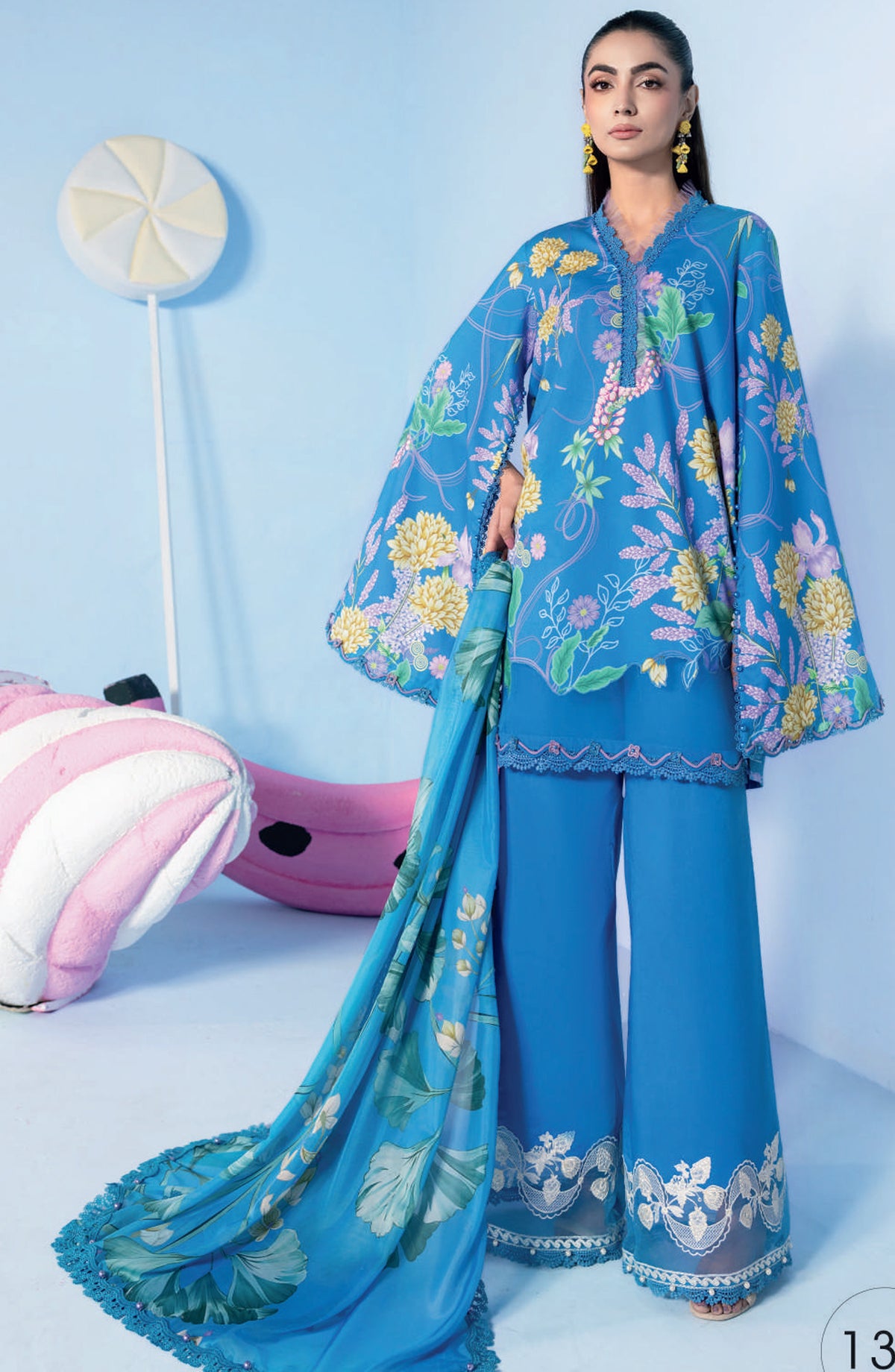 Maria B MBasics Embroidered Lawn Unstitched 3 Piece Suit - MB-CUSV13-13-B - MAB26BS - Blue - Spring Summer Collection