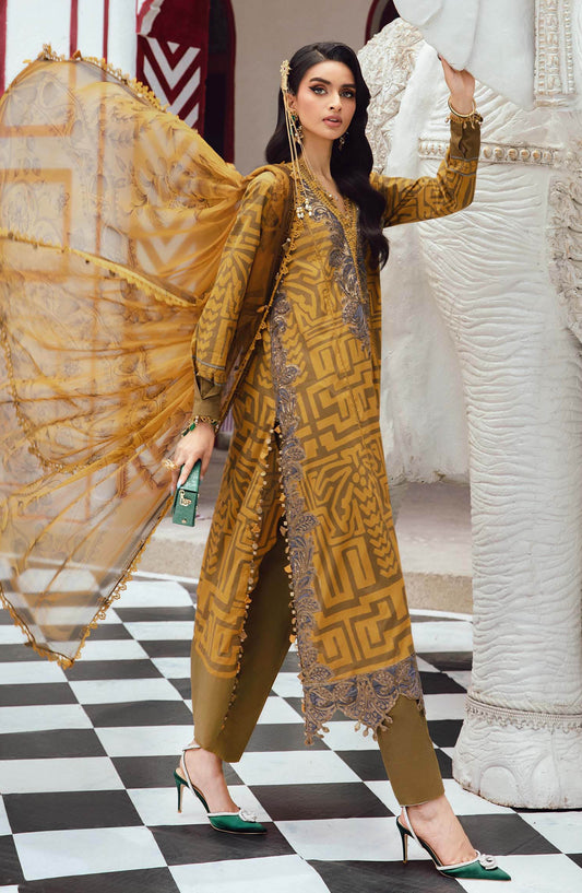 Maria B MPrints Embroidered Cambric Unstitched 3 Piece Suit - D-3A - MB25FED - Mustard - Winter Collection