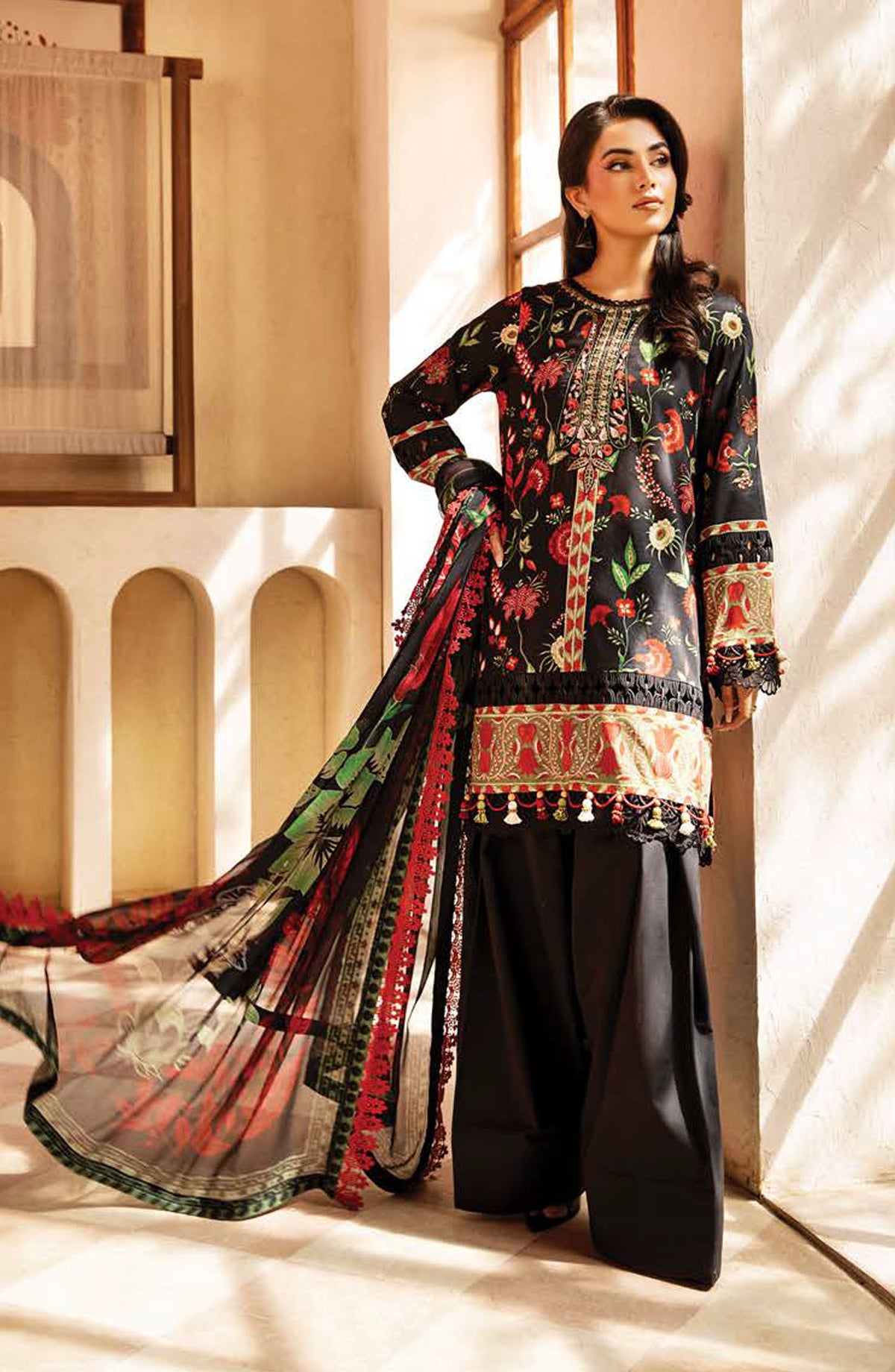 Mbasics Embroidered Lawn Unstitched 3 Piece Suit - MB25MSL - 01-A - Black - Summer Collection