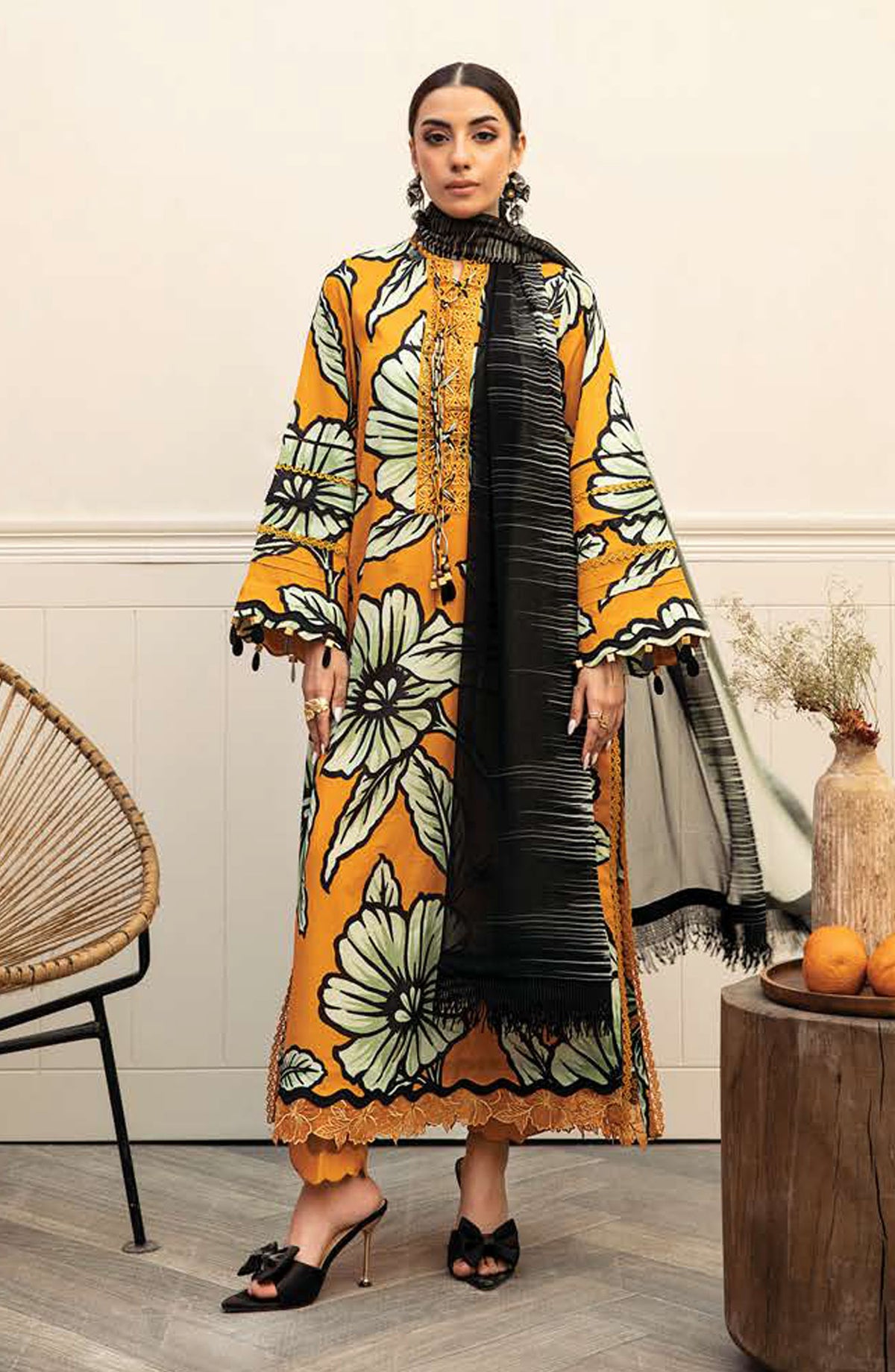 Mbasics Embroidered Lawn Unstitched 3 Piece Suit - MB25MSL - 02-A - Mustard - Summer Collection