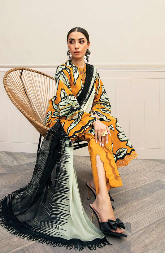 Mbasics Embroidered Lawn Unstitched 3 Piece Suit - MB25MSL - 02-A - Mustard - Summer Collection