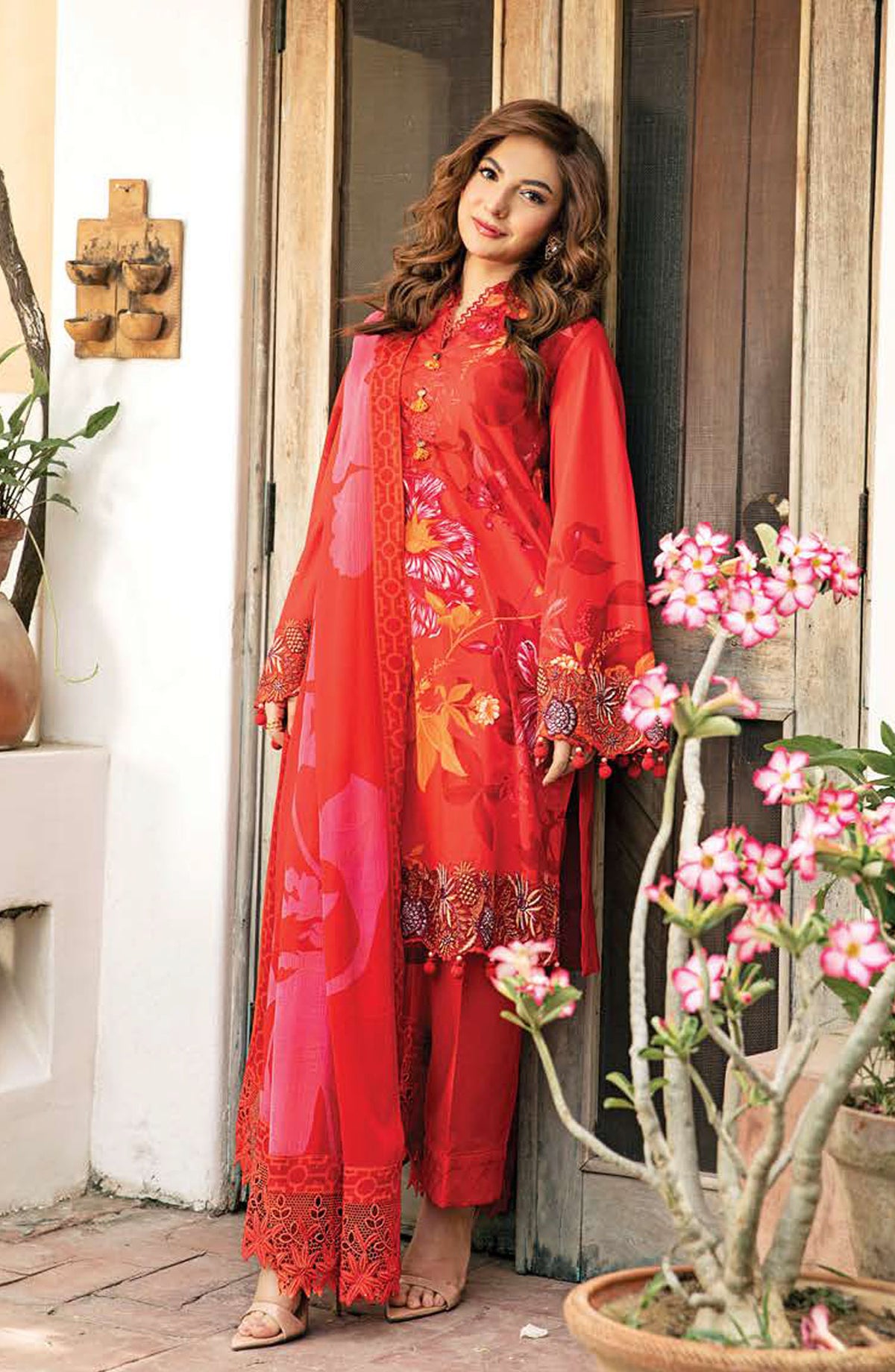Mbasics Embroidered Lawn Unstitched 3 Piece Suit - MB25MSL - 07-A - Red - Summer Collection