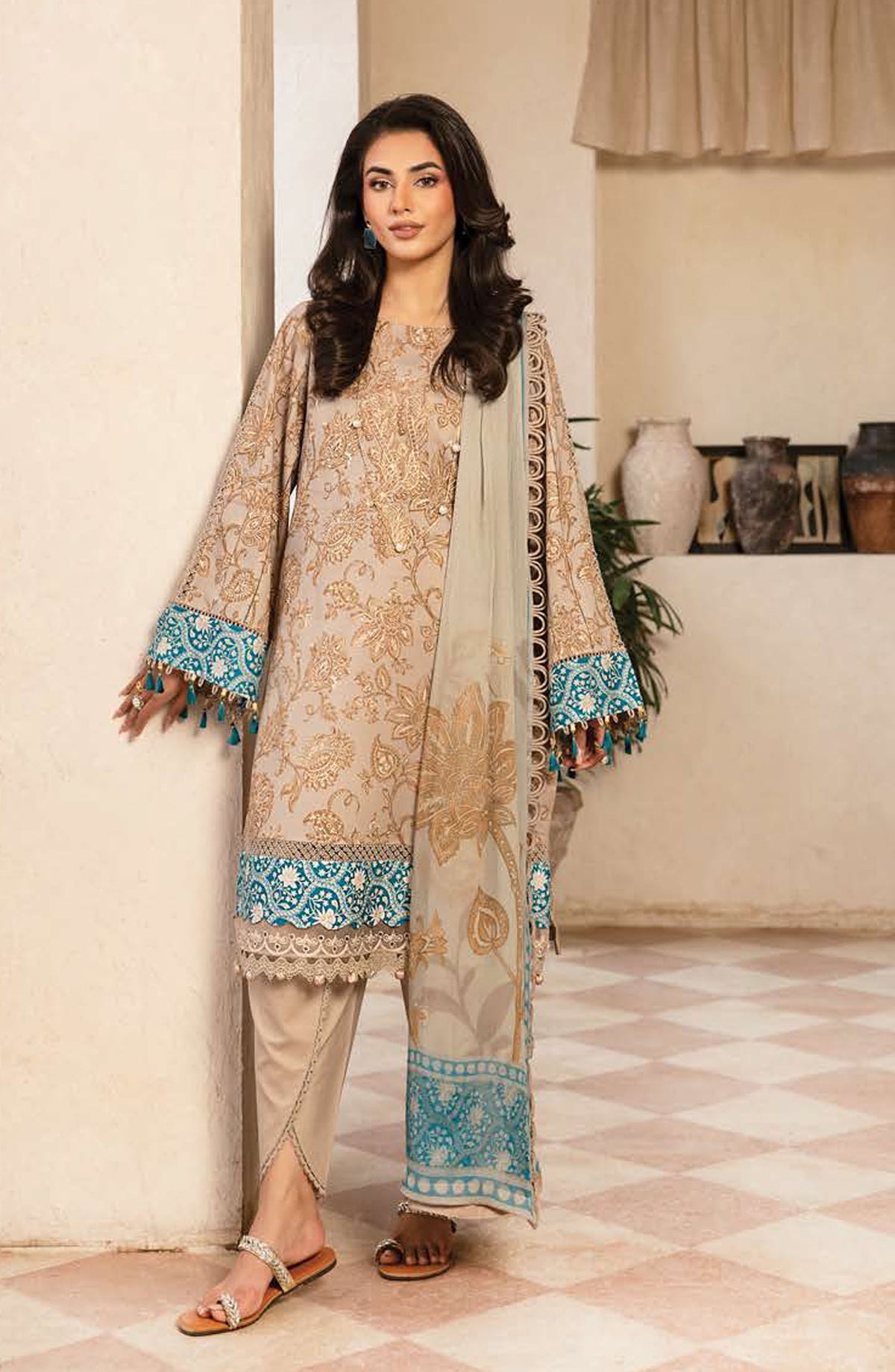 Mbasics Embroidered Lawn Unstitched 3 Piece Suit - MB25MSL - 09-B - Brown - Summer Collection