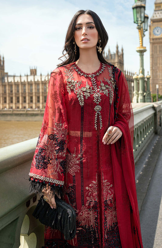 Maria B Soiree Luxury Embroidered Organza Unstitched 3 Piece Suit - WF-09-06 - MB25SOR - Red - Formals Collection