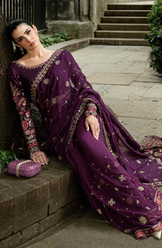 Maria B Soiree Luxury Embroidered Chiffon Unstitched 3 Piece Saree - WF-09-01 - MB25SOR - Purple - Formals Collection