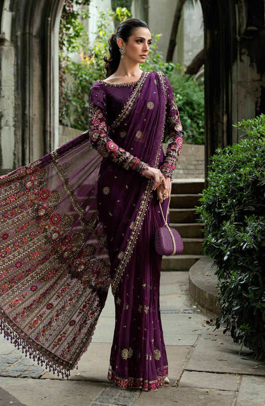 Maria B Soiree Luxury Embroidered Chiffon Unstitched 3 Piece Saree - WF-09-01 - MB25SOR - Purple - Formals Collection