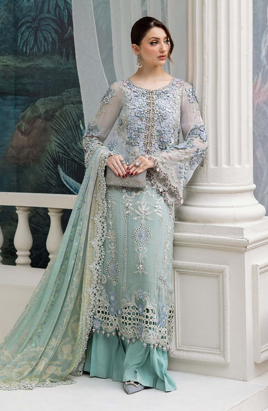 Maria B Embroidered Luxury Chiffon Unstitched 3 Piece Suit - MPC-25-108-Aqua - MB25UCH - Luxury Collection