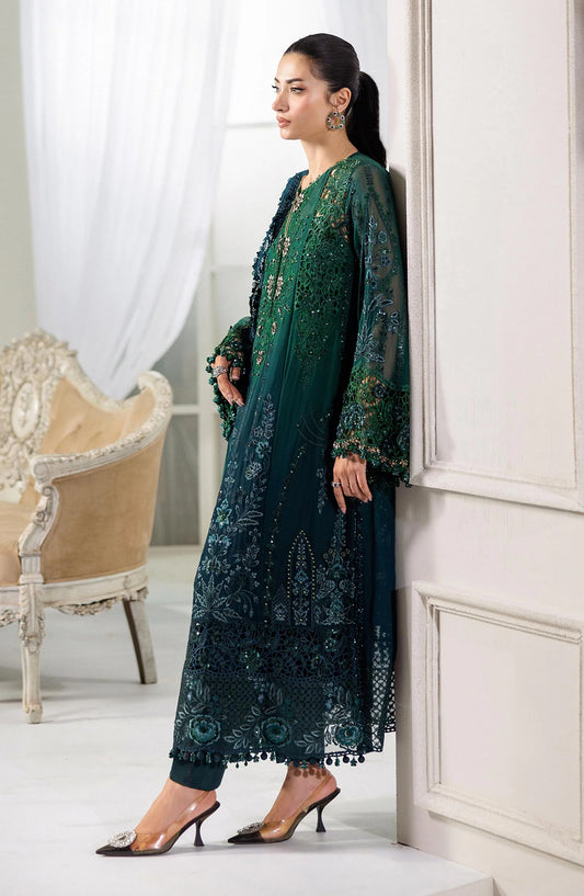 Maria B Embroidered Luxury Chiffon Unstitched 3 Piece Suit - MPC-25-106-Emerald Green To Teal - MB25UCH - Luxury Collection