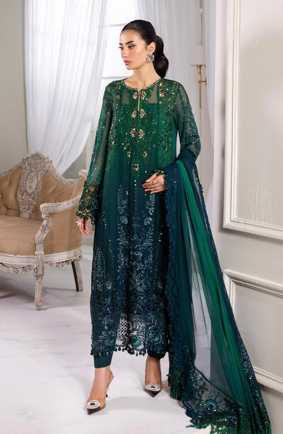 Maria B Embroidered Luxury Chiffon Unstitched 3 Piece Suit - MPC-25-106-Emerald Green To Teal - MB25UCH - Luxury Collection