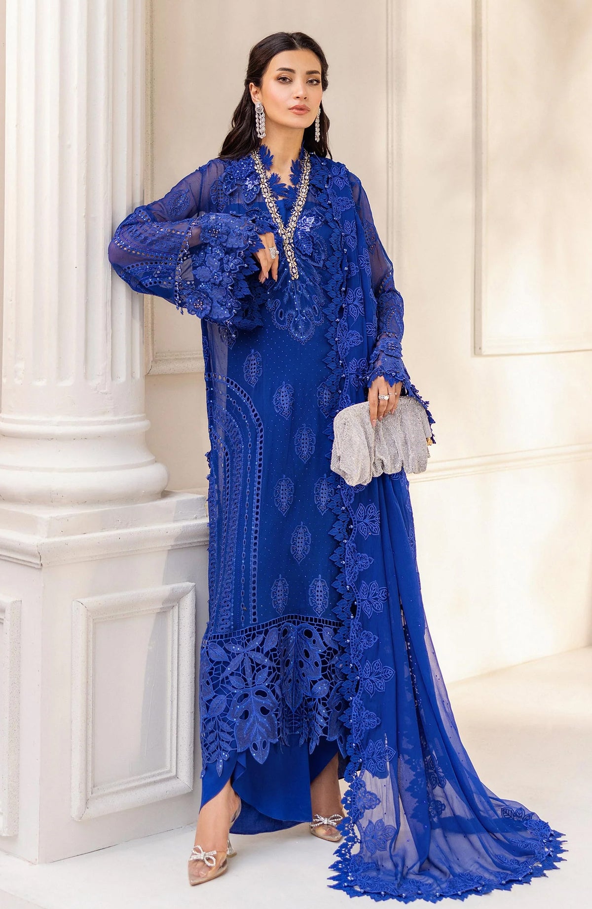 Maria B Embroidered Luxury Chiffon Unstitched 3 Piece Suit - MPC-25-103-Cobalt Blue - MB25UCH - Luxury Collection