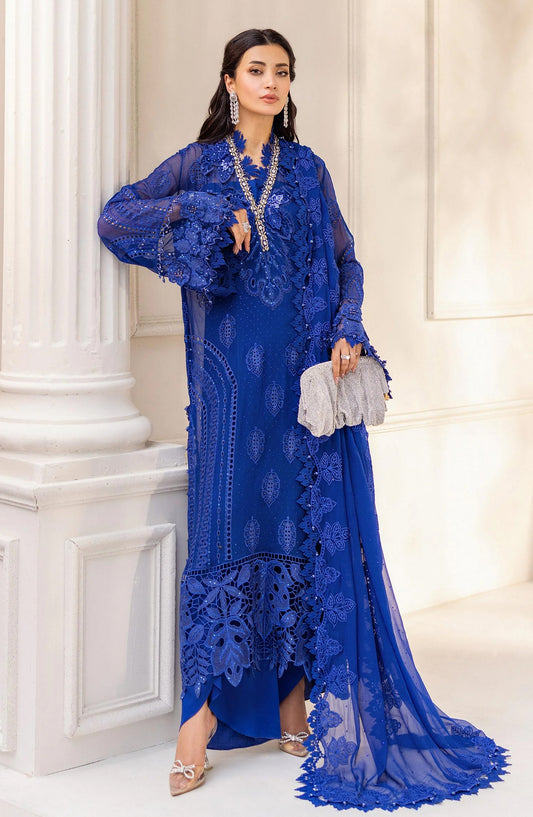 Maria B Embroidered Luxury Chiffon Unstitched 3 Piece Suit - MPC-25-103-Cobalt Blue - MB25UCH - Luxury Collection