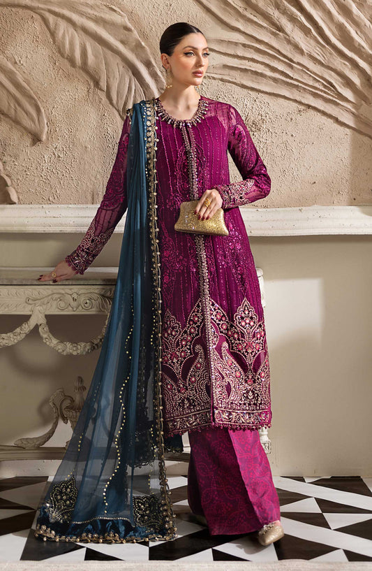 Maria B Embroidered Luxury Chiffon Unstitched 3 Piece Suit - MPC-25-102-Magenta - MB25UCH - Luxury Collection