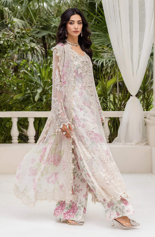 Maria B Embroidered Luxury Chiffon Unstitched 3 Piece Suit - MPC-25-101-Off White Rose - MB25UCH - Luxury Collection