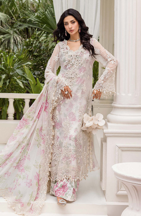 Maria B Embroidered Luxury Chiffon Unstitched 3 Piece Suit - MPC-25-101-Off White Rose - MB25UCH - Luxury Collection