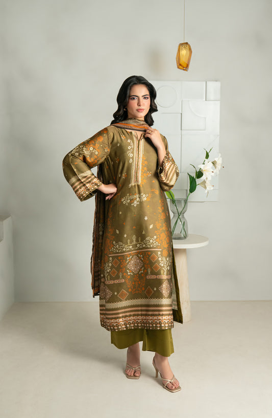 Rashid Textile Marine Luxury Printed Silk Unstitched 3 Piece Suit - D-1009 - RSH25MR - Green - Winter Collection