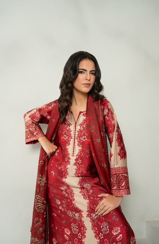 Rashid Textile Marine Luxury Printed Silk Unstitched 3 Piece Suit - D-1008 - RSH25MR - Red - Winter Collection