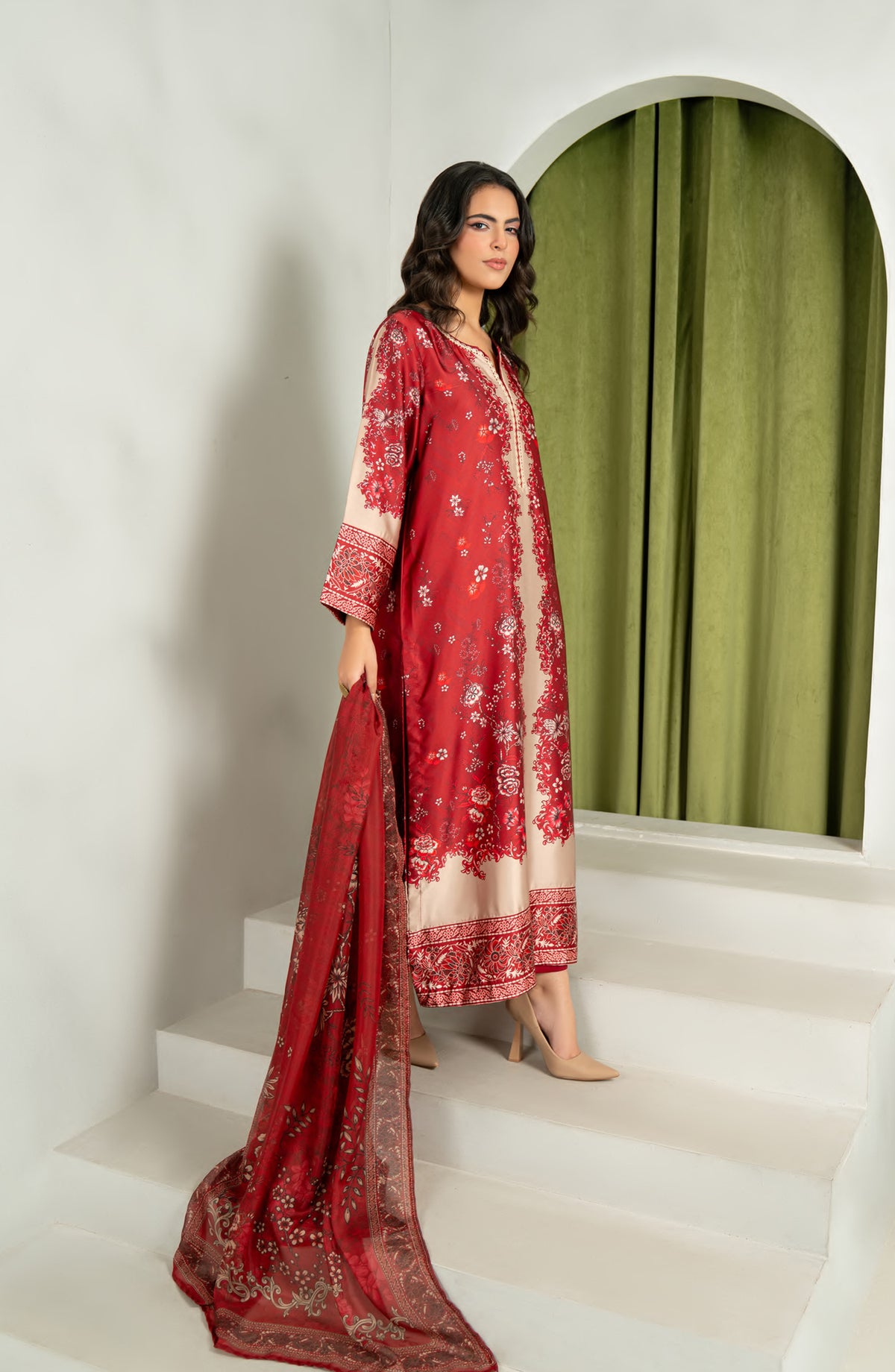 Rashid Textile Marine Luxury Printed Silk Unstitched 3 Piece Suit - D-1008 - RSH25MR - Red - Winter Collection