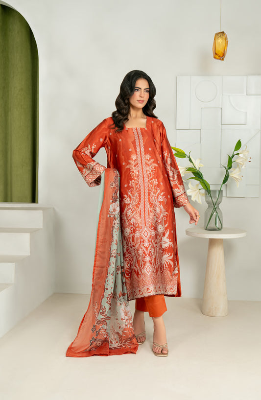 Rashid Textile Marine Luxury Printed Silk Unstitched 3 Piece Suit - D-1006 - RSH25MR - Orange - Winter Collection