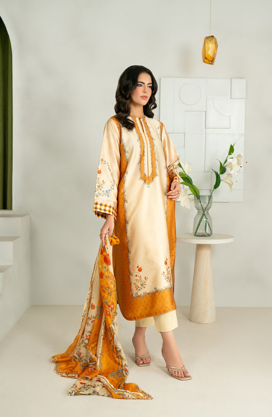 Rashid Textile Marine Luxury Printed Silk Unstitched 3 Piece Suit - D-1004 - RSH25MR - Fawn - Winter Collection