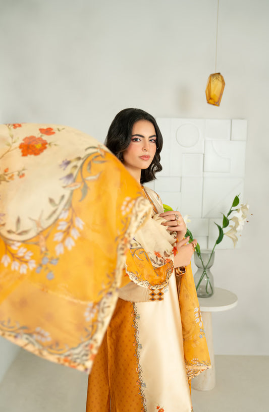 Rashid Textile Marine Luxury Printed Silk Unstitched 3 Piece Suit - D-1004 - RSH25MR - Fawn - Winter Collection