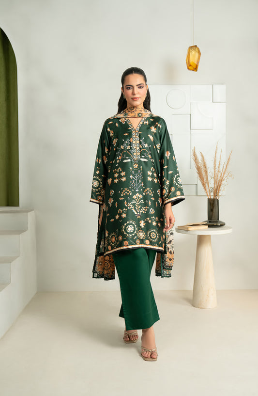 Rashid Textile Marine Luxury Printed Silk Unstitched 3 Piece Suit - D-1002 - RSH25MR - Green - Winter Collection